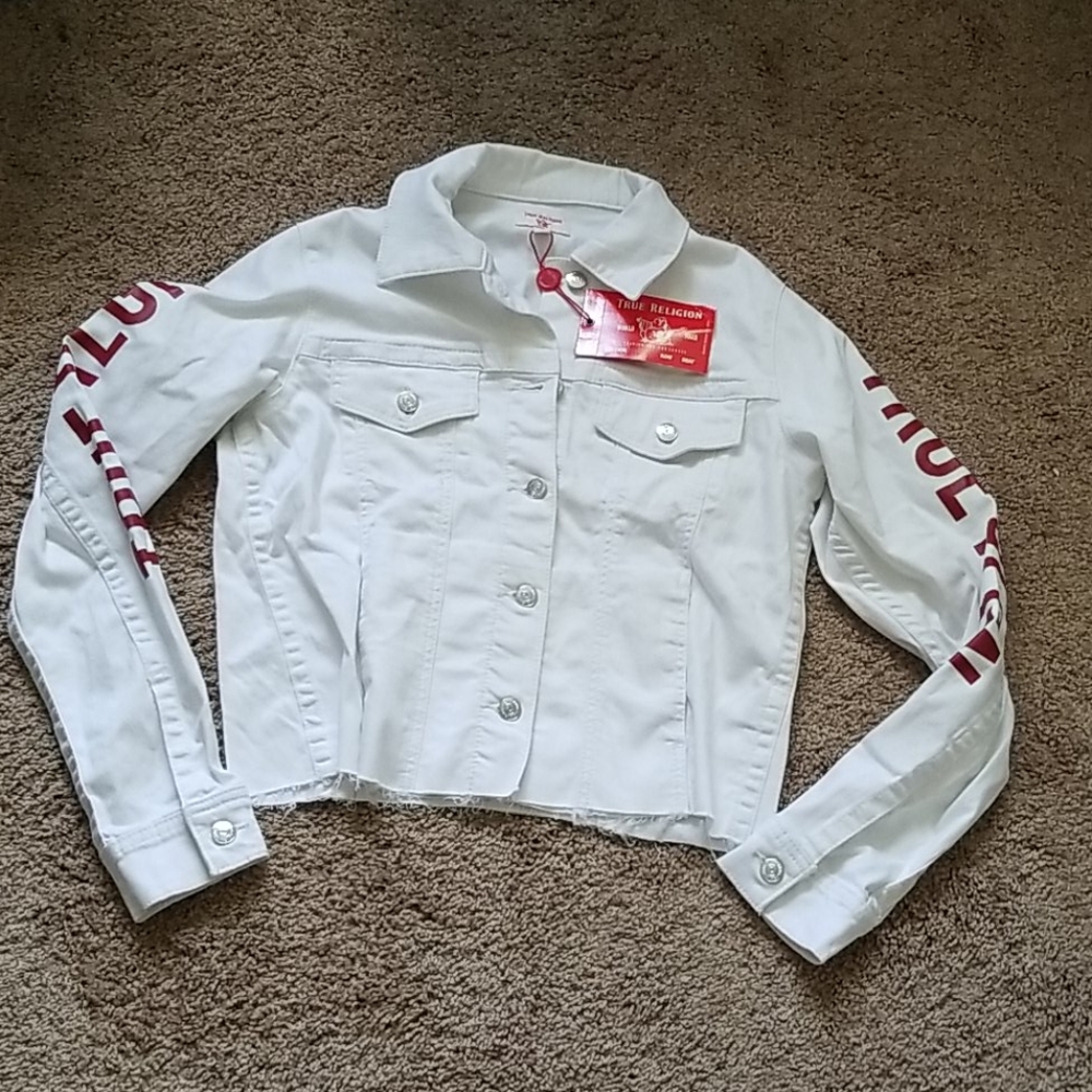 True Religion white denin logo trucker jacket sz m